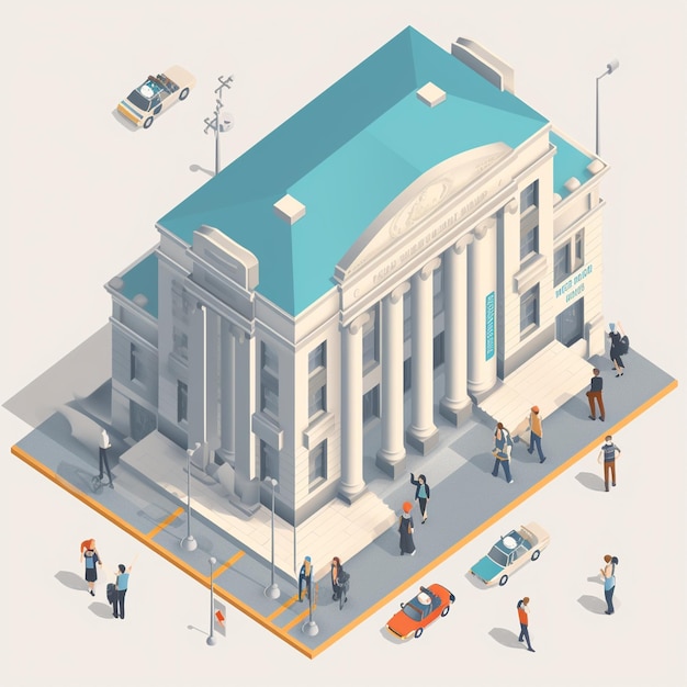 Luchtbeeld van een bankgebouw met mensen die binnenkomen en uitgaan en financiële transacties vertegenwoordigen