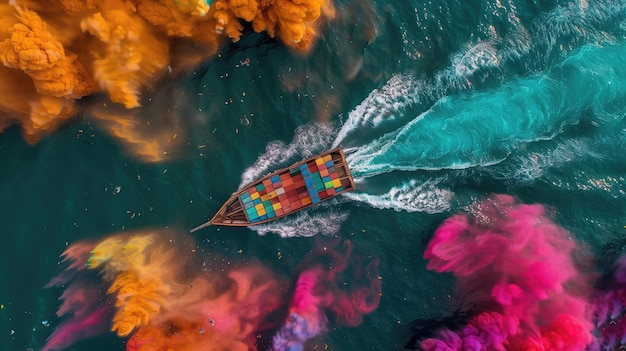 Luchtbeeld van een boot in de zee met kleurrijke rookwolken