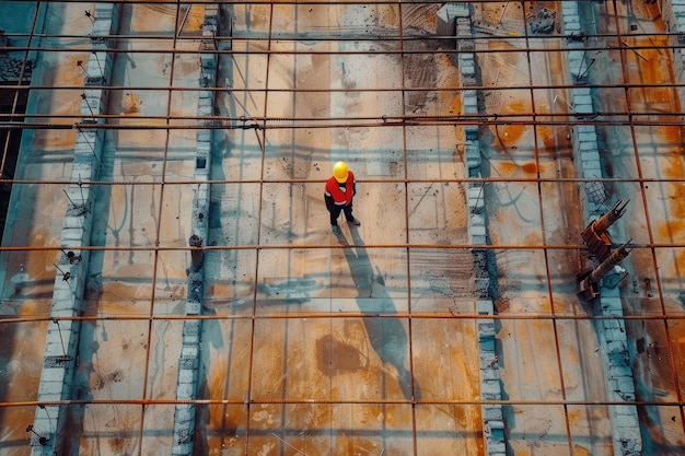 luchtbeeld van een bouwvakker op een bouwplaats