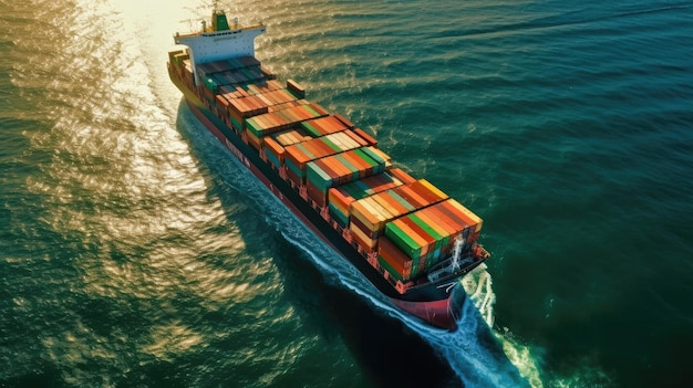 Luchtbeeld van een containerschip in de oceaan Generative Ai