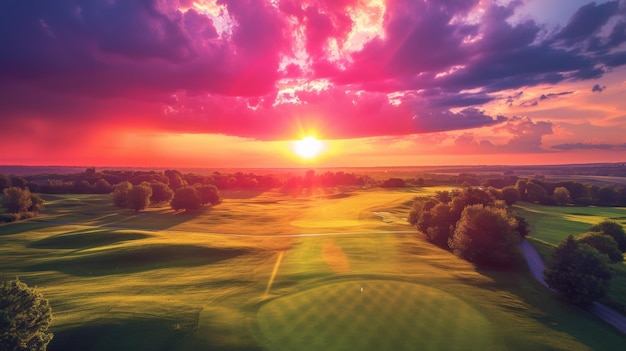 Foto luchtbeeld van een dramatische zonsondergang of zonsopgang en een kleurrijke hemel over het golfveld.