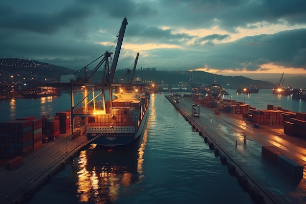 Foto luchtbeeld van een drukke containerhaven die's nachts gloeit met drukke dokken met gestapelde containers en operationele voertuigen industriële scheepvaart vrachtconcept