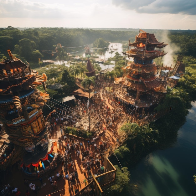 Foto luchtbeeld van een drukke eiland in een groen park omringd door een meer decoratie en lichten voor carnavalsfeest volgende tradities