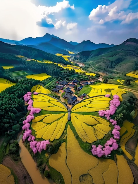 luchtbeeld van een geel veld met een vlindervormige bloem generatieve ai