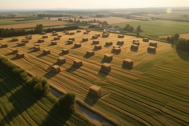 Luchtbeeld van een groot labyrint van hooibalen in een zonnig veld gecreëerd met generatieve ai