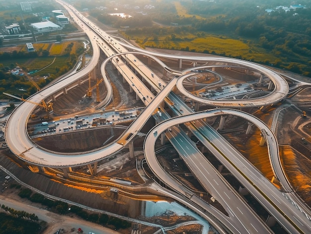 Foto luchtbeeld van een ingewikkelde snelwegknooppunt