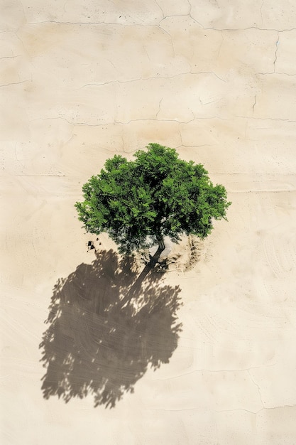 luchtbeeld van een kleine eenzame boom met een afzonderlijke schaduw Aardedag of klimaatverandering en milieu