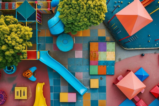 Luchtbeeld van een kleurrijke speeltuin De bovenkant van een geometrische speeltuin gegenereerd door AI