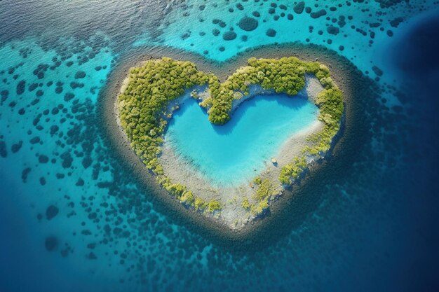 Foto luchtbeeld van een koraalrif in de vorm van een hart in een turquoise zee