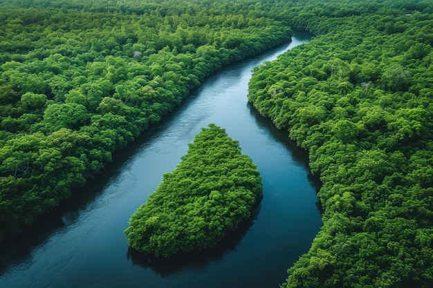 Luchtbeeld van een kronkelende rivier door een weelderig bos