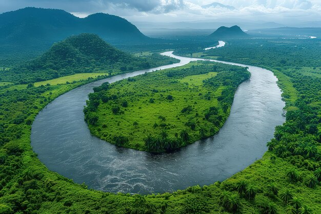 Luchtbeeld van een kronkelende rivier in een regenwoud een adembenemend uitzicht onthult de majestueuze rivieren