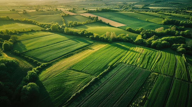 Luchtbeeld van een landelijk landschap met groene velden en planten en landbouwgrond met een natuurlijke achtergrond