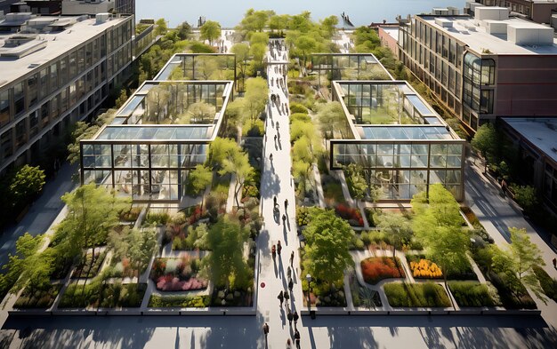 Foto luchtbeeld van een lange rechthoekige groene vloerstraat