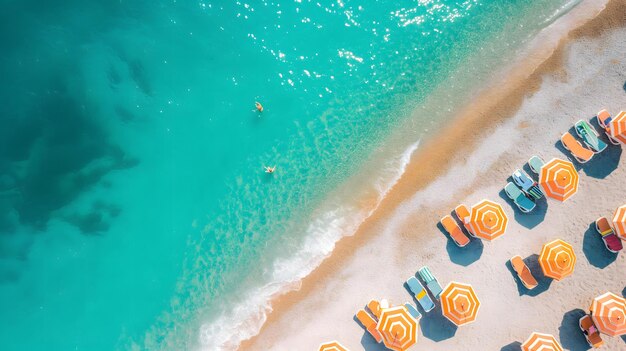 Foto luchtbeeld van een ongerept tropisch strand met zonnebodem en turquoise zee