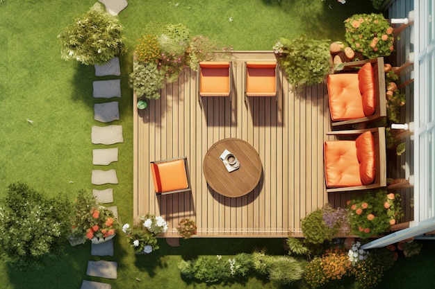 luchtbeeld van een patio met een tafel en stoelen en een hond generatieve ai