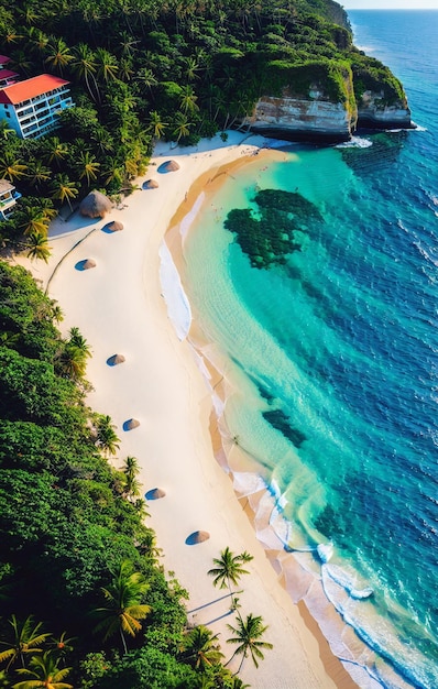 Foto luchtbeeld van een prachtig tropisch strand met kokospalmbomen, blauwe lagune en wit zand