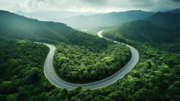 Luchtbeeld van een prachtige gebogen weg op een groen bos in het regenseizoen
