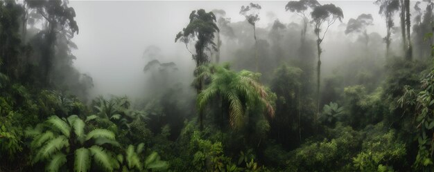 Luchtbeeld van een regenwoud boomtoppen met mist banner AI gegenereerde inhoud