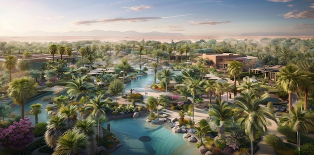 Luchtbeeld van een resort omringd door palmbomen