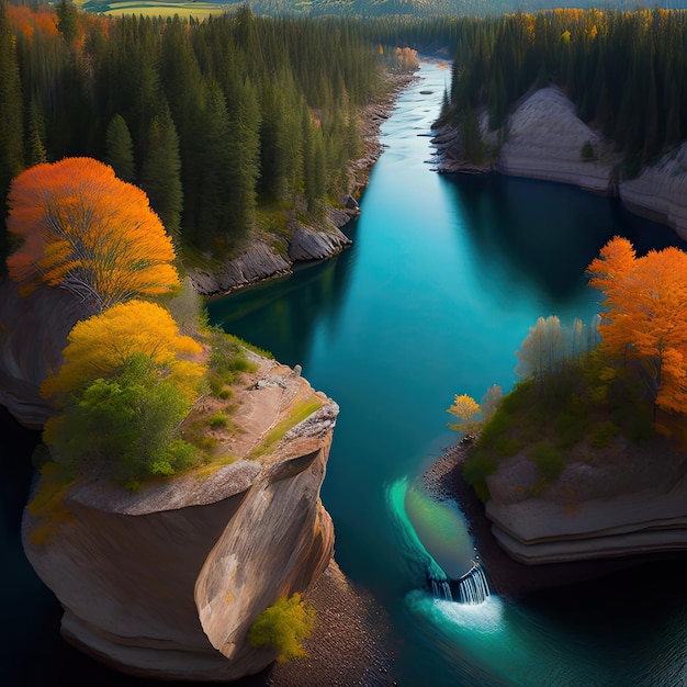 Luchtbeeld van een rivier en de rotsen eromheen