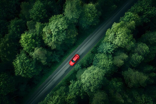 Luchtbeeld van een rode auto die door het bos rijdt