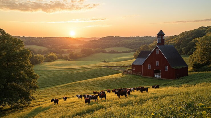 Foto luchtbeeld van een schilderachtige zuivelboerderij bij zonsondergang