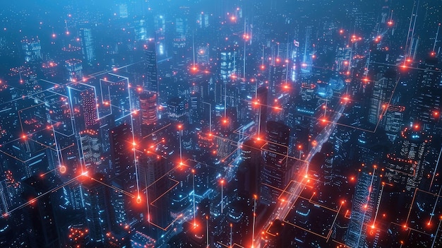 Luchtbeeld van een slimme stad's nachts abstracte tech achtergrond netwerk digitale lijnen en moderne gebouwen thema van connect iot cyberpunk toekomstige energietechnologie