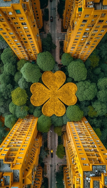 luchtbeeld van een stad met een vierbladige klaver in het midden generatieve ai