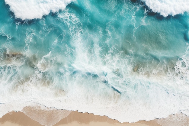 Foto luchtbeeld van een strand met een surfplank en golven generatieve ai
