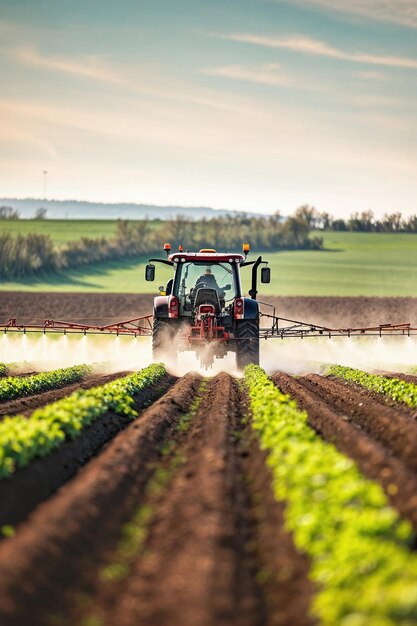 Foto luchtbeeld van een tractor die een veld bemest het concept van oogst en duurzaamheid