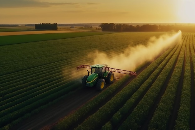 Luchtbeeld van een tractor die pesticiden op groene velden spuit