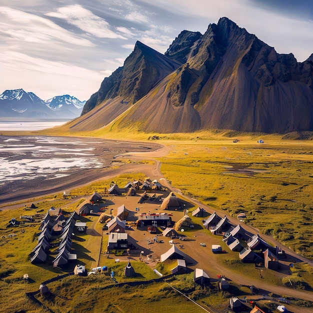 Luchtbeeld van een Vikingdorp met de berg Vestrahorn op de achtergrond Austurland IJsland