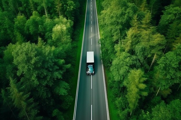 Luchtbeeld van een vrachtwagen die een weg afrijdt in het midden van een bos