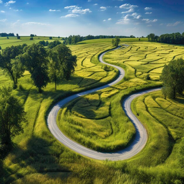 Foto luchtbeeld van een weg in een prachtig groen bos bij zonsondergang