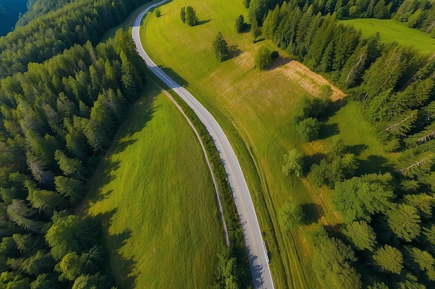 Luchtbeeld van een weg in groene weiden op een zonnige zomerdag