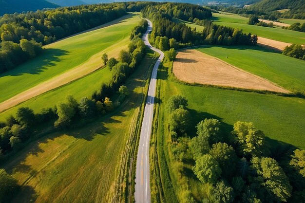 Luchtbeeld van een weg in groene weiden op een zonnige zomerdag