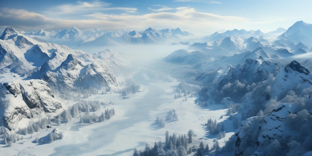 luchtbeeld van een wintergebergte met een bevroren rivier