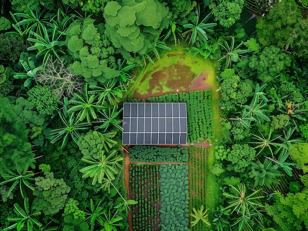Luchtbeeld van een zonnepaneel tussen een verscheidenheid aan weelderige groene vegetatie en boerderijen