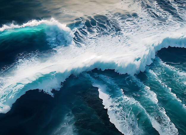 luchtbeeld van enorme golven in de blauwe oceaan in de stijl van textuur exploraties vloeibare gebaren