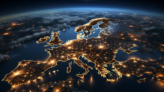 Foto luchtbeeld van europa's nachts uit de ruimte communicatietechnologie met wereldwijd internetnetwerk verbonden in europa