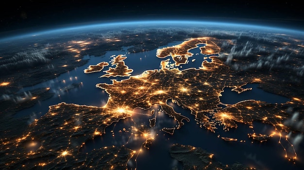 Foto luchtbeeld van europa's nachts uit de ruimte communicatietechnologie met wereldwijd internetnetwerk verbonden in europa