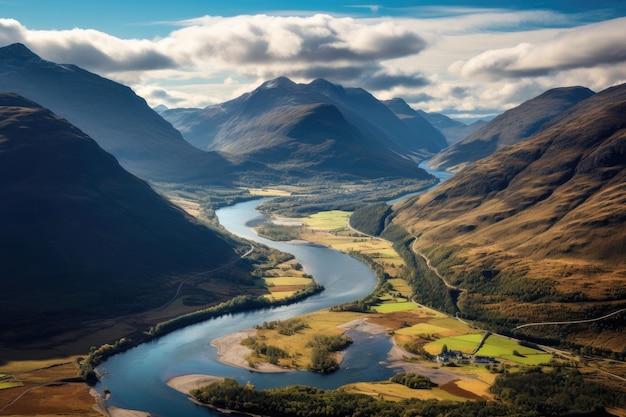 Luchtbeeld van Glencoe Glencoe Schotland Verenigd Koninkrijk Luchtfoto van Glenncoe en de bergen rond de kleine stad in Schotland