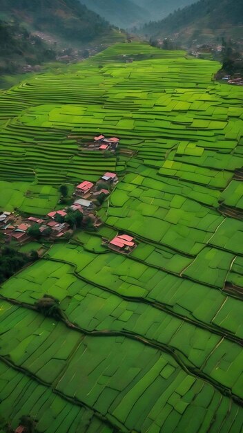 Luchtbeeld van groen terras rijstland in Kathmandu Nepal