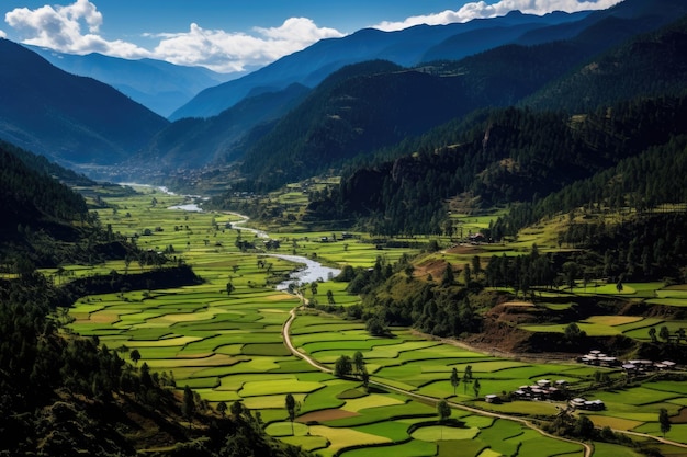 Luchtbeeld van groene rijstterrassen in Sapa Vietnam Luchtfoto van Paro Valley Bhutan AI gegenereerd