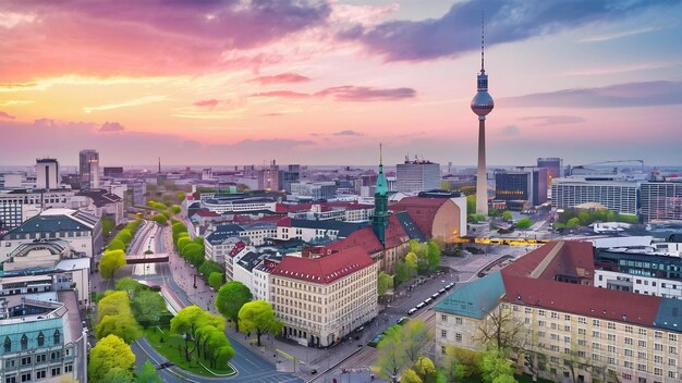 Luchtbeeld van het centrum van Berlijn bij een zonsondergang in het voorjaar, inclusief de televisietoren op de Alexanderplatz