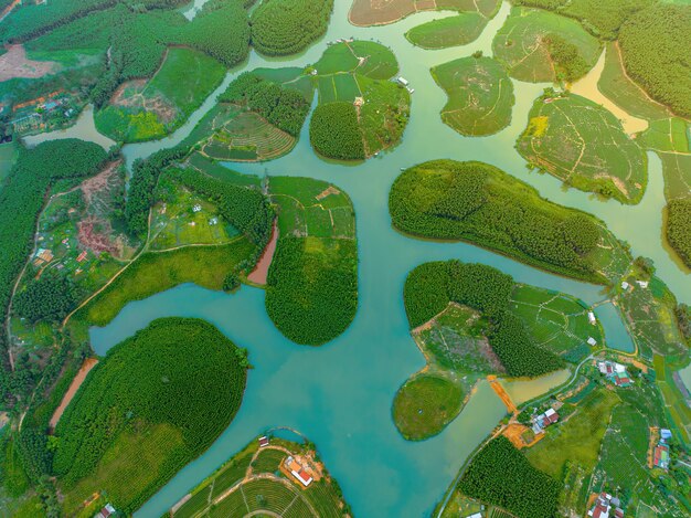 Luchtbeeld van het eiland Thanh Chuong theeheuvel groen landschap achtergrond groen blad Thanh Chuung Nghe An Vietnam