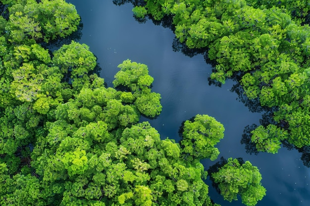 Luchtbeeld van het mangrovebos Drone-beeld van dichte groene mangrovebomen vangt CO2 Groene bomen