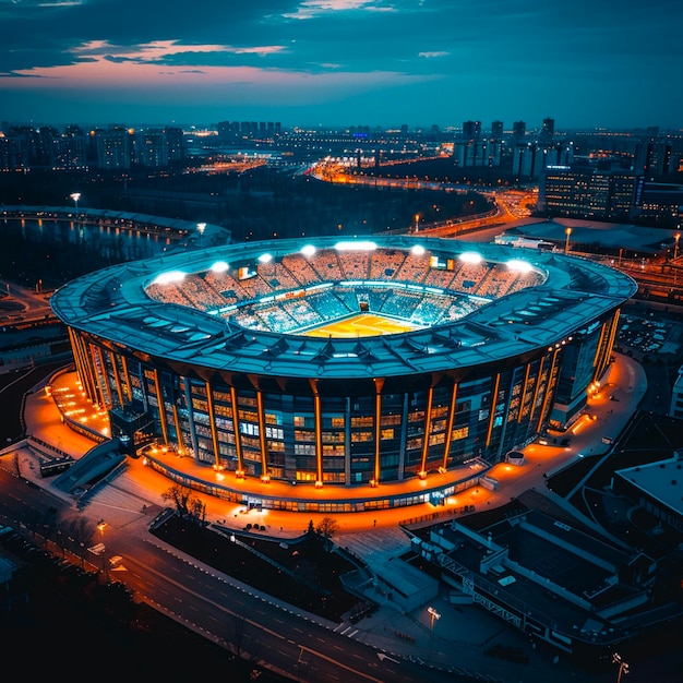 Luchtbeeld van het Olimpiyskiy-stadion Voetbaltraining op verlichte stadionspelers die voetbal spelen