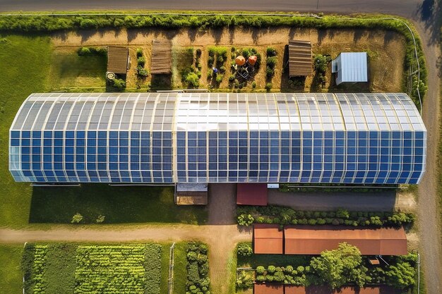 Luchtbeeld van kassen met zonnepanelen