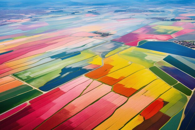 Luchtbeeld van kleurrijke tulpenvelden in de voorjaarsgeneratieve AI